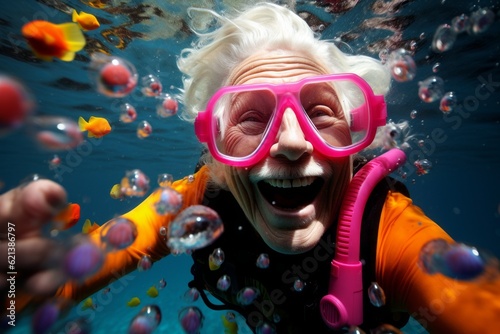 Old female diver enjoys the underwater world. Portrait with selective focus and copy space © top images
