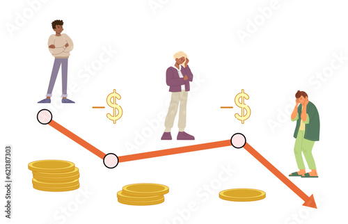 Concept of money problems with arrow down. Sad man is losing money. Diagram. Vector illustration for bankruptcy, loss, crisis.
