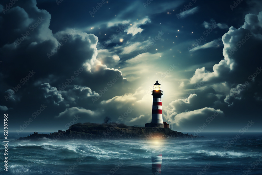 Lighthouse In Stormy Landscape at night. AI generated content