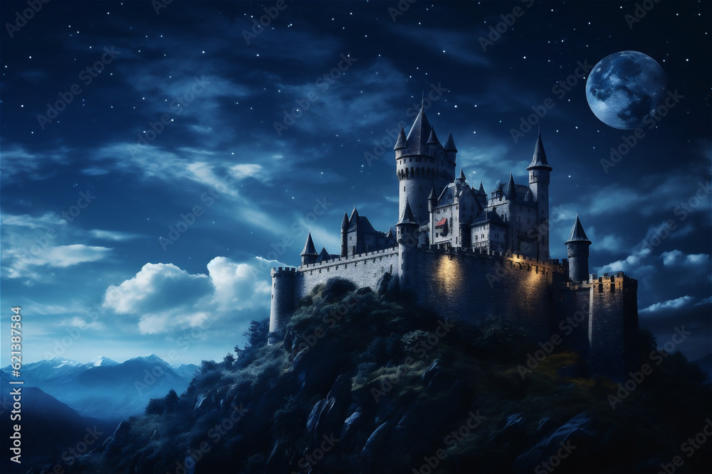 Scary castle at night, haunted place on Halloween. Dark scene with Gothic castle, gloomy palace in full moon. AI generated content