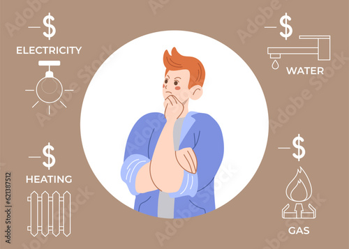 Man thinking about payment of utility service. Male character with money problems. Guy has problems with payments of bills. Vector illustration of loss, crisis, trouble.