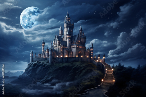 Scary castle at night  haunted place on Halloween. Dark scene with Gothic castle  gloomy palace in full moon. AI generated content