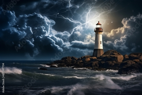 Lighthouse In Stormy Landscape at night. AI generated content