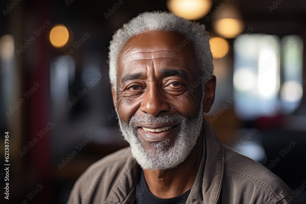 Smiling senior black man posing inside a room looking at the camera Smiling senior black man posing inside a room looking at the camera