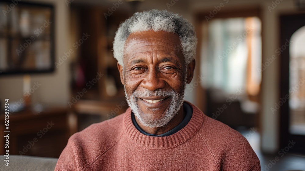 Smiling senior black man posing inside a room looking at the camera Smiling senior black man posing inside a room looking at the camera