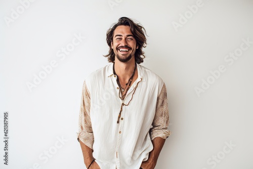Portrait of a handsome young man laughing isolated on a white background