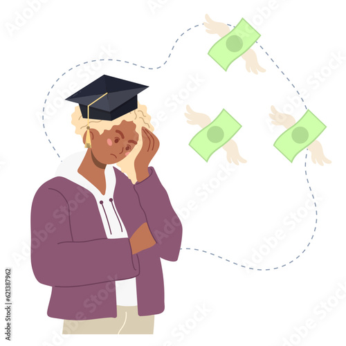 Student with money troubles. Upset guy has no money. Finance problems concept. Vector illustration in cartoon style.
