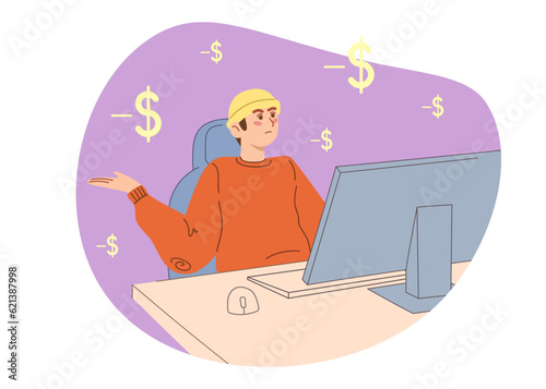 Man sitting on the computer. Male losing money online. Concept of money problems. Vector illustration for bankruptcy, loss, crisis. © Anna