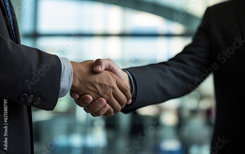 Two businessmen in suits shaking hands for partnership on blurred modern office background generative ai