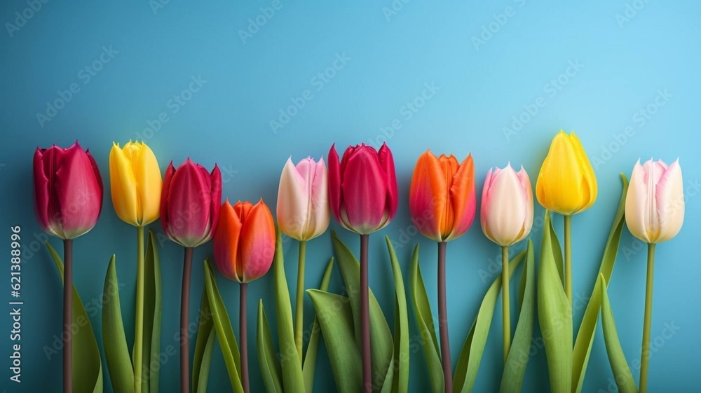 Row of tulips on blue background