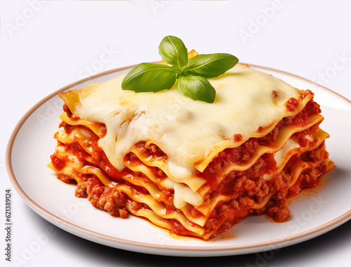lasagna bolognese whit cheese and tomato sauce on white background, lazanha bolognesa.