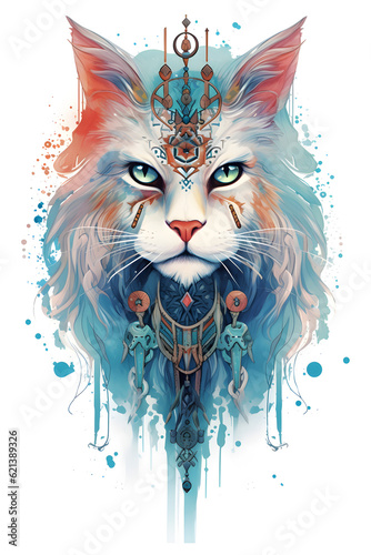Maine coon cat vector graphic with headgear and feather fur, generative ai © Marc