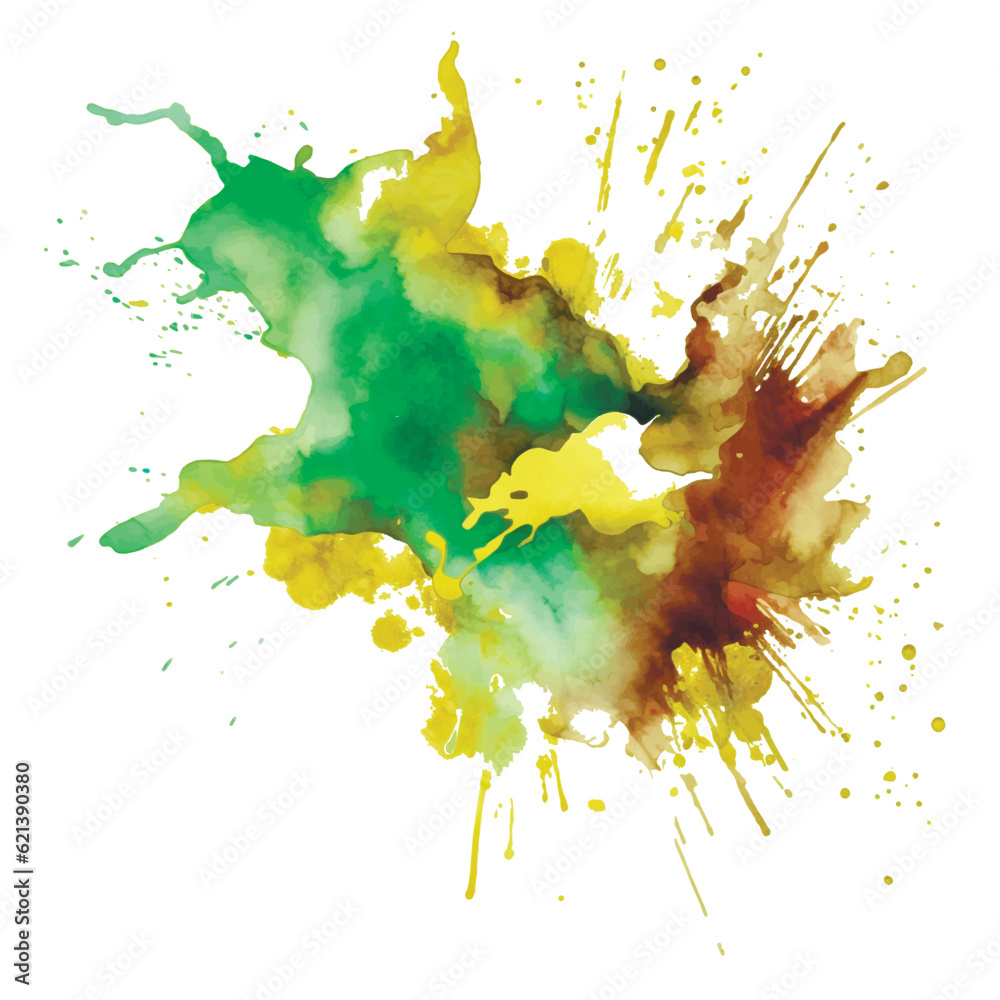 Green yellow watercolor splash blot splatter stain on white background ...