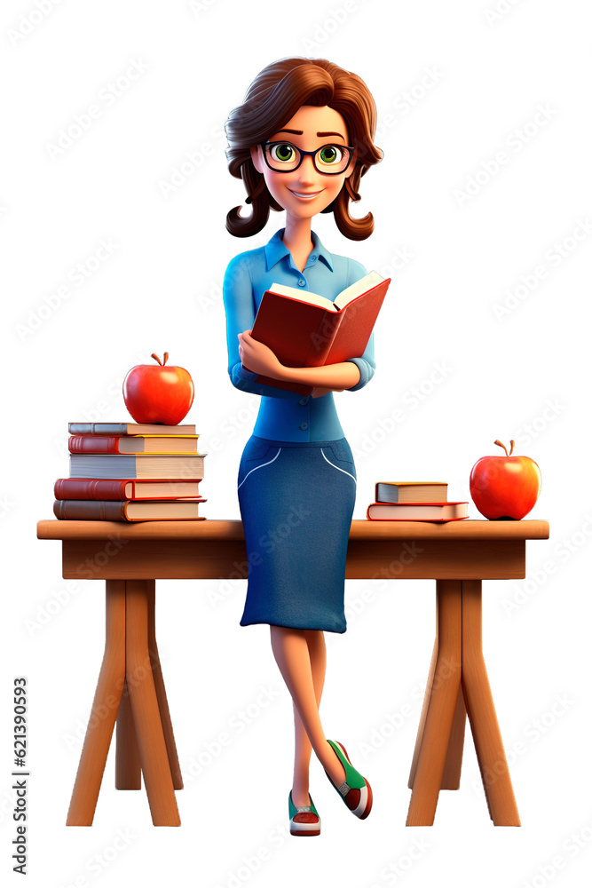 Female school teacher posing on her desk with two apples and books on ...
