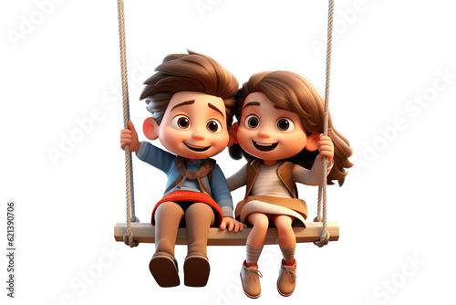 Two children enjoying and sharing the swing on isolated transparent background