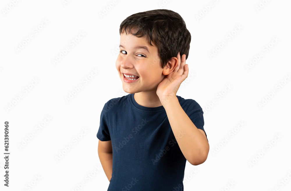 Young boy over isolated background smiling with hand over ear listening an hearing to rumor or gossip. Deafness concept. Young boy over isolated background smiling with hand over ear listening an hearing to rumor or gossip. Deafness concept.