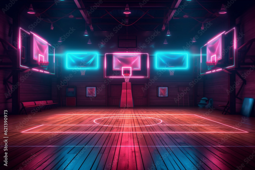 basketball nobody game indoor neon empty background interior arena black hall corridor. Generative AI.