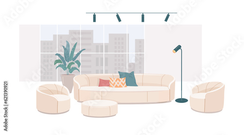 Set of light upholstered furniture with floor lamp, potted plant against background of large window overlooking high-rise buildings of modern city. Vector illustration of sofa, two armchairs, ottoman.