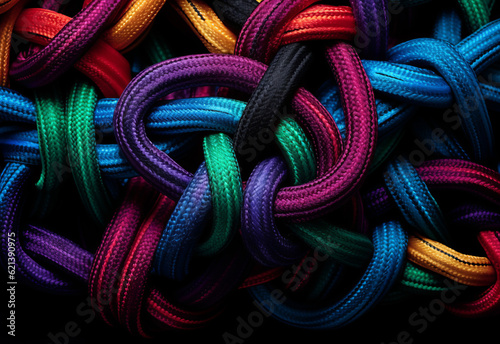A tangled pile of coloured rope. Confusion and thought process concept