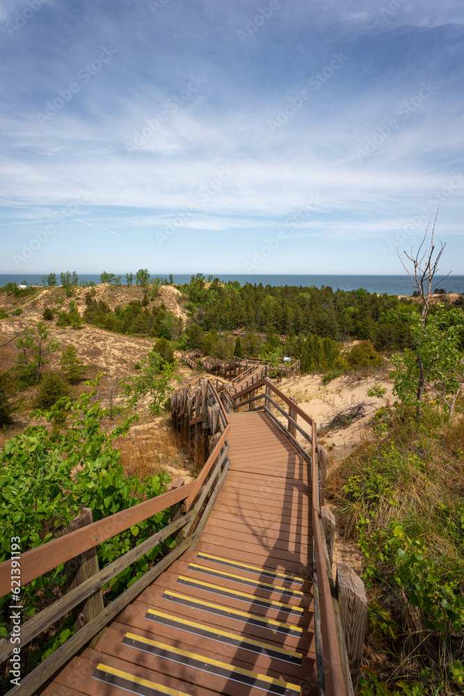 Fototapeta premium Indiana Dunes National Park with foot path, trees and Lake Michigan
