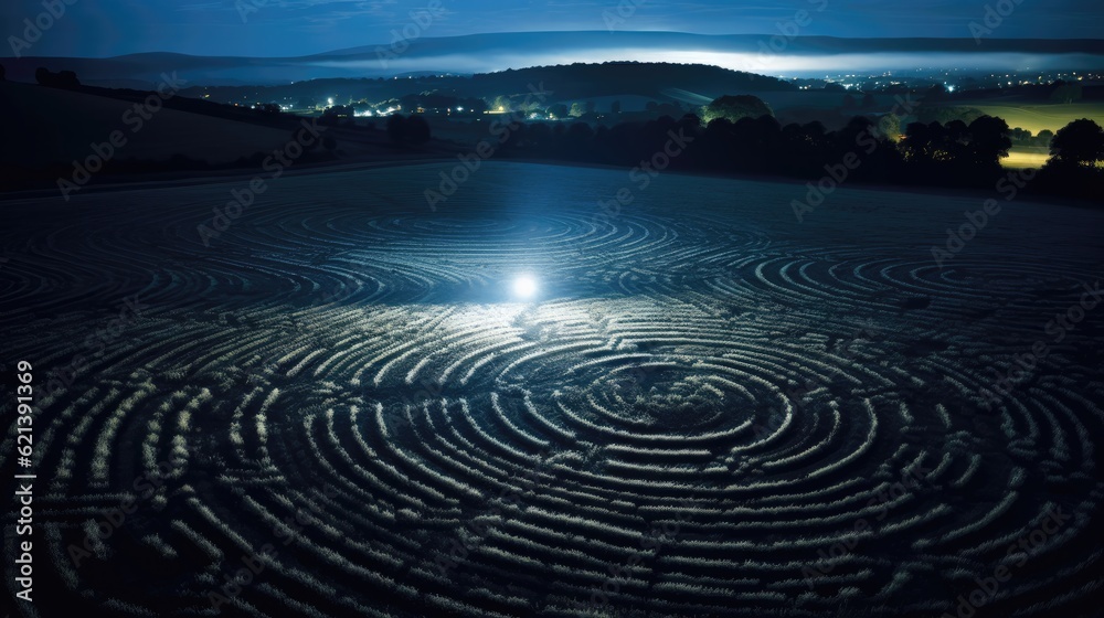 Eerie crop circles etched into fields under the cover of night puzzle Eerie crop circles etched into fields under the cover of night puzzle