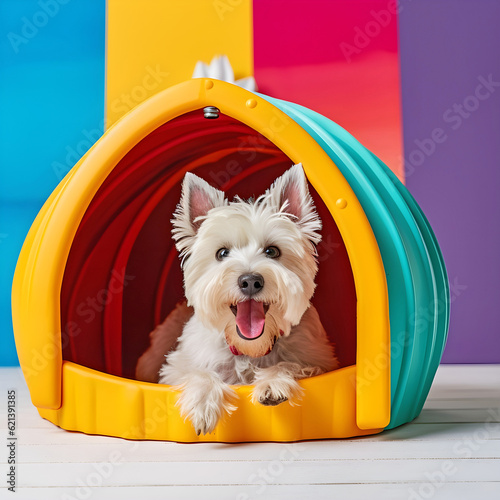 Barkitecture a happy dog laying in its  colorful kennel created Generative AI photo