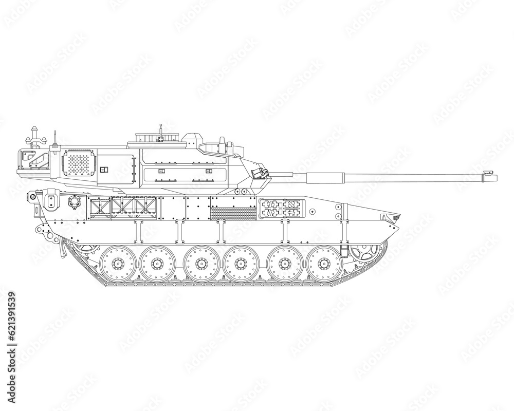 Main battle tank in line art. Armored fighting vehicle. Special combat military transport. Detailed vector illustration isolated on white background.