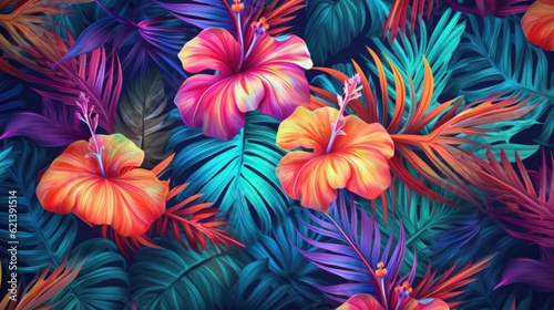 Tropical Serenity  Vibrant Background with Lush Palm Leaves and Exotic Flowers Ai Generative