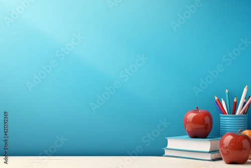 Foto Back To School blue background Graphic With Copy Space - Apples, Books, Pencils, and Chalkboard