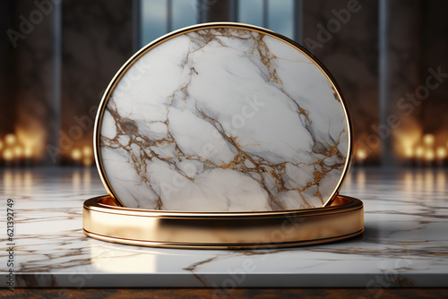  white marble podium for product display. AI generative
