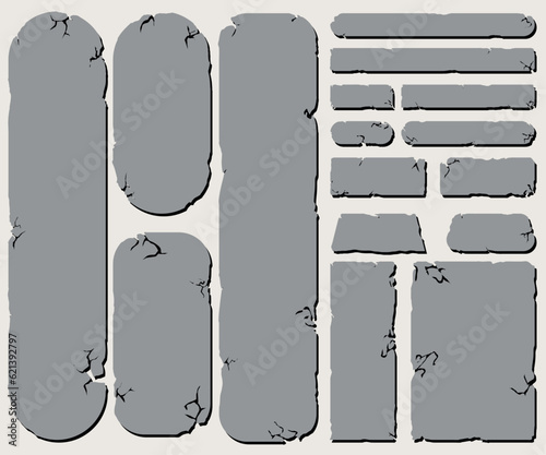 Set of Simple Stone tablet, rock banner with cracked elements in cartoon style isolated. Grey frame, block boulder for interface ui games.