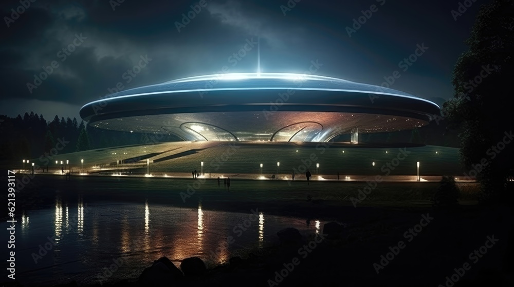 Naklejka premium Secret government facilities, shrouded in conspiracy, hide evidence of alien technology, fueling speculation and curiosity. Generative AI