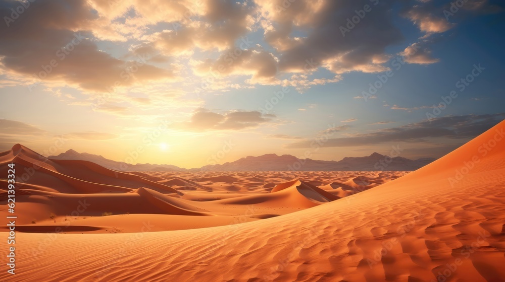 Fototapeta premium Sun-kissed desert dunes stretch infinitely, bearing witness to countless tales of pharaonic grandeur and divine intervention. Generative AI