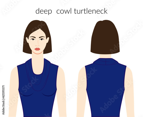 Deep cowl neckline turtlenecks clothes knits, sweaters character beautiful lady in blue top, shirt, dress technical fashion illustration. Flat apparel template front, back sides. Women, men unisex CAD