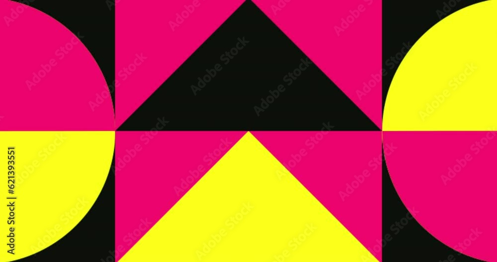 Modern loop Animated Geometric pattern or background. 4K resolution geometric motion design in pink, yellow and black colors. Abstract moving shapes background with circles and triangular
