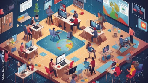 Virtual classrooms: Illustrations showcase students participating in online discussions, video conferences, or interactive learning platforms, representing the modern educational landscape