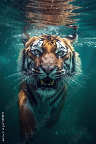 closeup wide angle underwater photo upshot of a tiger underwater. cute, funny animal swims. generative ai, generative