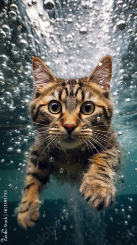 closeup wide angle underwater photo upshot of a cat underwater. cute, funny pet swims. generative ai, ai, generative