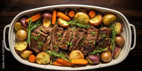 rosemary beef pot roast in dish with carrots and potatoes shot top down, created with generative AI