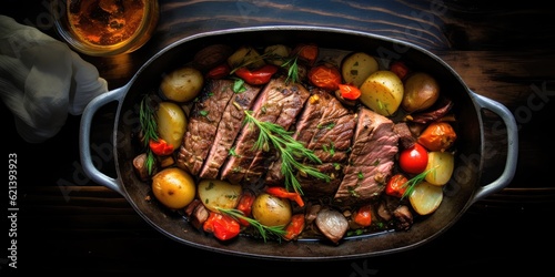 beef pot roast in cast iron dish with carrots and potatoes shot top down, created with generative AI