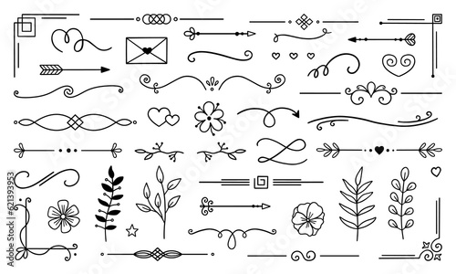 Decorative elements doodle set. Boho arrows, ribbons, text dividers. Divider ornament, corner borders, lines. Hand drawn vector illustration isolated on white background photo