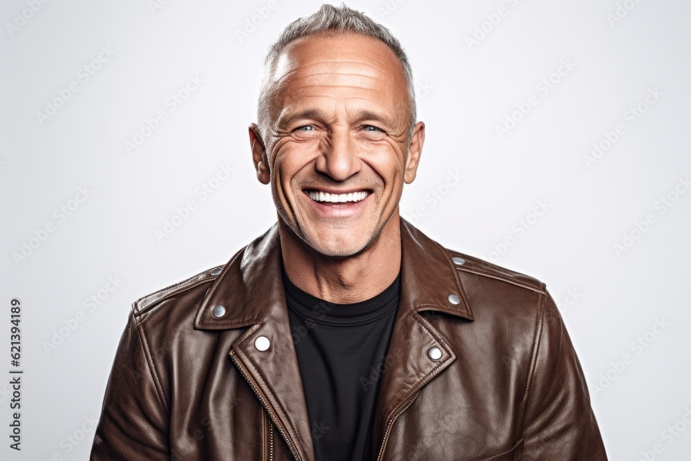 man in his 50s that is wearing a retro leather bomber jacket against a white background man in his 50s that is wearing a retro leather bomber jacket against a white background