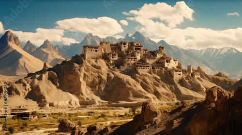 Otherworldly charm of Ladakh’s dramatic mountains, turquoise stone building from mountain Ai Generative