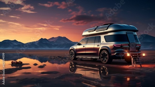 background adventure concept with Airstream car with tent