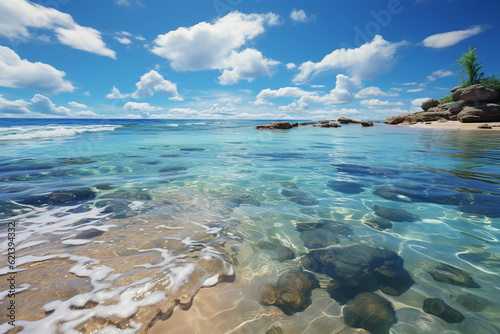 green ocean with gentle waves, sandy seashore, fluffy white clouds in bright blue sky. AI generative