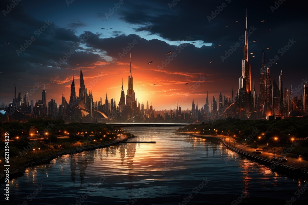 Wide - angle shot, iconic skyline of a futuristic city at sunset. Generative AI