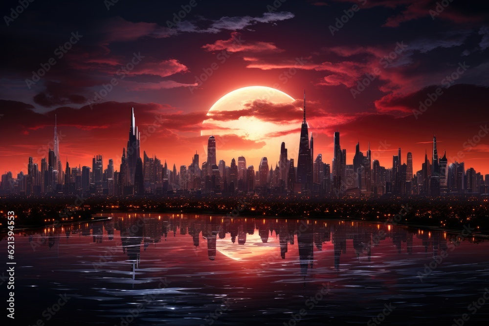 Fototapeta premium Wide - angle shot, iconic skyline of a futuristic city at sunset. Generative AI
