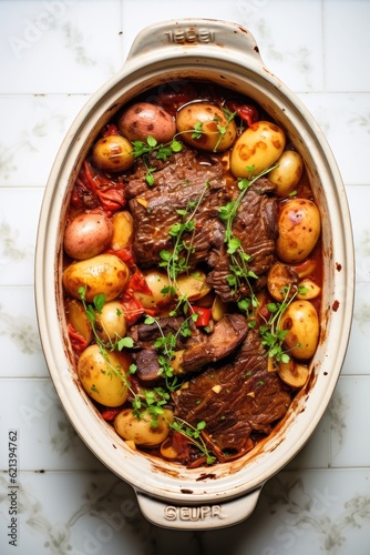 beef pot roast in baking dish with carrots and potatoes shot top down, created with generative AI