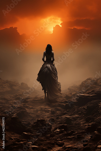 Dusk aphrodite riding a horse on the edge of the abyss in textured megatrash polkadot style. AI generative