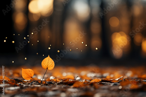 Fall leaves are falling onto a ground, in the style of bokeh panorama, orange, detailed landscapes. AI generative